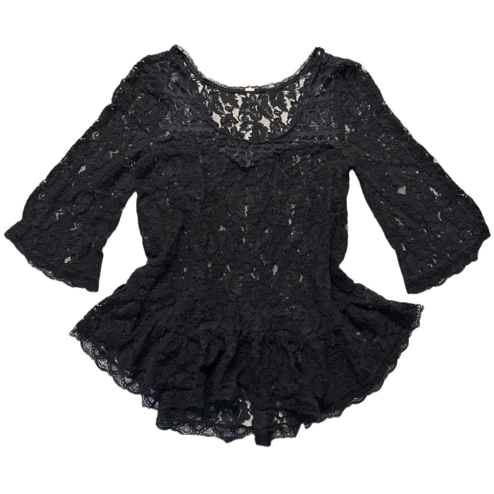 FREE PEOPLE women's black + navy lace flowy 1/2 sleeve blouse, M.